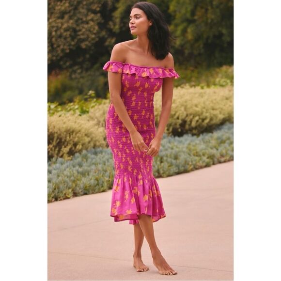 NEW Anthropologie Celandine Pink Off Shoulder Smocked Ruffle Midi Dress Small - Picture 1 of 4